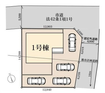 第1　土浦市神立町　新築戸建ての区画図|敷地内には6台分の駐車スペースを確保した、ゆとりある区画設計。ご家族で複数台のお車を所有される方や、来客時にも便利です。道路に面した開放感のある立地で、車の出し入れにも配慮されています。