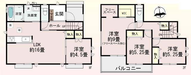 新築　佐波郡玉村町上新田1509番　Heartful　Town　A号棟の間取り|建物面積96.88㎡　全居室南向きで日当たり良好！ウォークインクローゼット・フリースペース・各部屋収納付きで便利です！日当たりの良いバルコニーは気持ちよくお洗濯物が干せます！