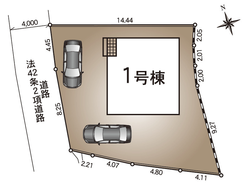 塩尻市塩尻町　第１２　新築戸建　の区画図|2027年1月下旬完成予定、カースペースは2台駐車可能です。
