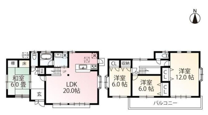 「南向きお庭付き」高知市春野町　中古一戸建ての間取り|LDK20帖の4LDK。2階には12帖の洋室と6帖の洋室2部屋を備え、ご家族それぞれの広々空間を確保できます。