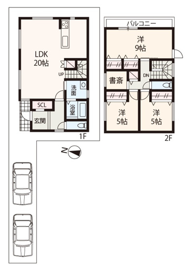 【間取り】 | 堺市堺区緑町2丁　新築戸建 | 書斎付き、3SLDK新築戸建。カースペース2台分有り(車種による)。前面道路10.8ｍと広々しているため車の出し入れも楽々！