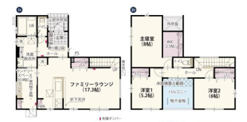 ワイウッドコート古河市上辺見第14期　新築一戸建て　02の間取り|家族の気配を感じやすい安心のリビングイン階段♪