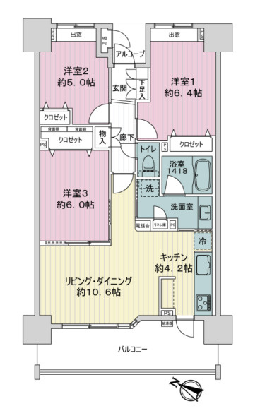 ライオンズグローベルさいたま新都心セントアヴェニューの間取り|【ライオンズグローベルさいたま新都心セントアヴェニュー】・3LDK・専有面積70.60m2・バルコニー面積12.19m2