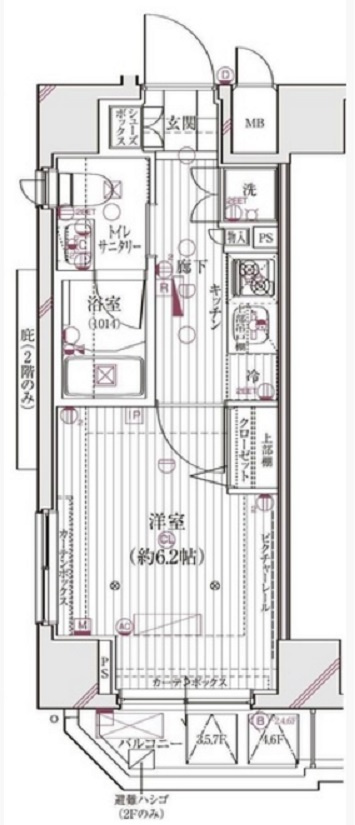 ライズコート大森町の間取り|1K洋室6.2帖バストイレ別独立洗面台！