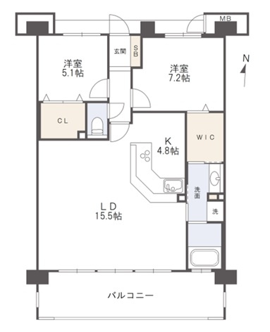 アルファステイツ旭町Ⅱの間取り|約７５㎡、２ＬＤＫの間取りです。