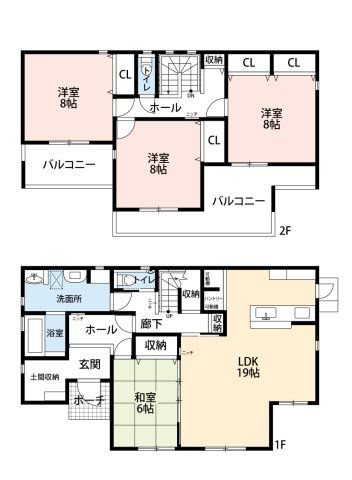 小牧市大字池之内　中古戸建の間取り|土間収納あり・全居室収納あり。パントリーあり。
全居室南向き。6帖の和室と続き間19帖のリビング。