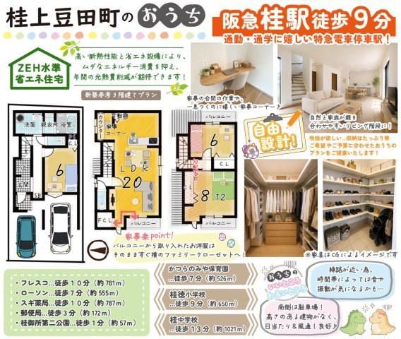 桂上豆田町　建築条件付土地　【新築参考3階建てプラン】の土地図＋建物プラン例|長く住み続けるからこそ、自由設計で間取りや設備にこだわったお家をつくりませんか？（新築参考3階建てプラン建物面積100.67㎡、建物価格2400万円）