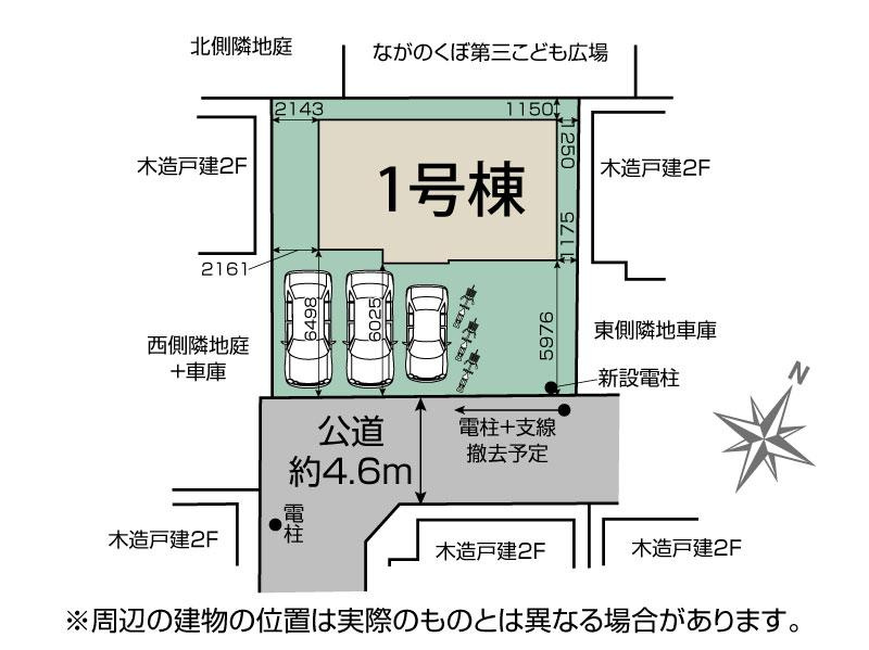 入間郡三芳町大字北永井の新築一戸建の区画図|お車は並列で3台駐車できますので、セカンドカーやお客さま用のお車も出し入れが楽々です。