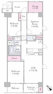 植物やチェアを置いてくつろぐことができるサンルーム有◎お洗濯にもGOOD☆2.2帖の納戸には窓がついているので通気性バツグン♪な【サンマンションアトレ新横浜駅前公園】の間取り