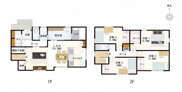 小郡市大板井第1-3棟（1号棟）の間取り|全居室収納豊富で便利です。