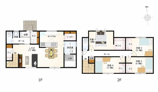 小郡市大板井第1-3棟（2号棟）の間取り|全居室収納豊富で便利です。