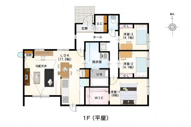 小郡市大板井第1-3棟（3号棟）の間取り|全居室収納豊富で便利です。