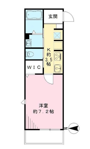 ハレルアナの間取り|西向きバルコニー北西角部屋の1K洋室7帖
ウォークインクローゼット付バストイレ別独立洗面台！