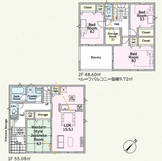 【間取り】 | 高崎市箕郷町上芝　新築住宅 | 15.5帖LDKに隣接する畳敷きの洋室で開放的な空間を演出。2階ストレージルーム（2帖）や豊富なクローゼットで収納力豊富。広々ルーフバルコニーも備えた暮らし勝手の良い4LDKです。
