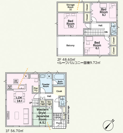 【間取り】 | 高崎市箕郷町上芝　新築住宅 | ゆったり18帖LDKに便利なパントリーや和テイストの洋室（4.5帖）を配置。2階のストレージルーム（3帖）やクロークなど収納充実。広いルーフバルコニーも備えた快適な4LDKです。