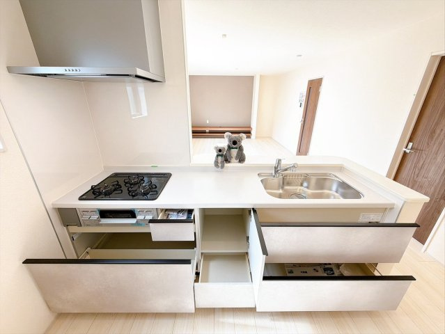 【キッチン】 | 高崎市箕郷町上芝　新築住宅 | 収納たっぷりのシステムキッチン。
調理器具や調味料などまとめて収納できます。

