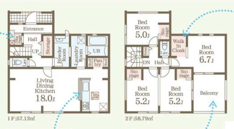 【間取り】 | 高崎市箕郷町上芝　新築住宅 | 18帖の広々LDKに、家事効率を高めるランドリールームやパントリーを完備。ウォークインクロークや各所の収納スペースに加え、明るいバルコニーを備えた機能的な4LDKです。