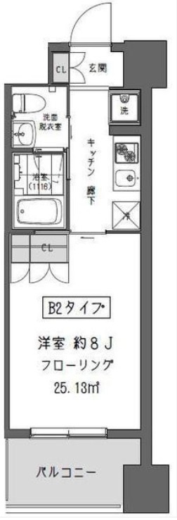 ガーデン蒲田の間取り|東向きバルコニーの1K洋室8帖！バストイレ別別独立洗面台付