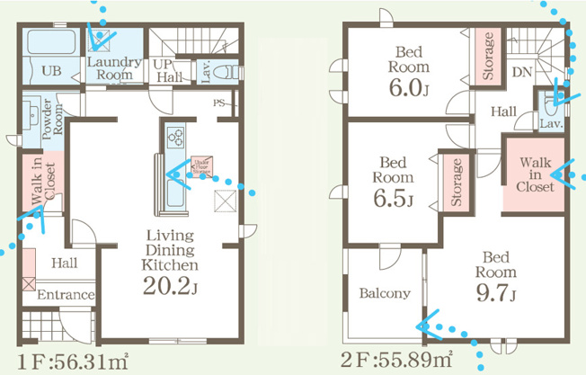 【間取り】 | 高崎市石原町　新築住宅 | 開放感あふれる20.2帖の広々としたLDKに、便利なランドリールームや1階のWICを配置。2階には9.7帖のゆとりある主寝室やウォークインクローゼット、収納を備えた機能的な4LDKです。