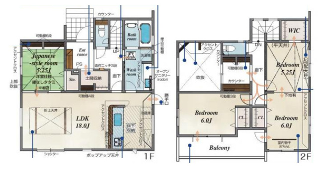 【間取り】 | 藤岡市藤岡　新築住宅 | 18帖の広々LDKに隣接する上部吹抜け付き縁なしタタミの和室（5.25帖）や土間収納を配置。2階にはWICや各所の収納、便利なカウンター、バルコニーを備えた機能的な4LDKです。