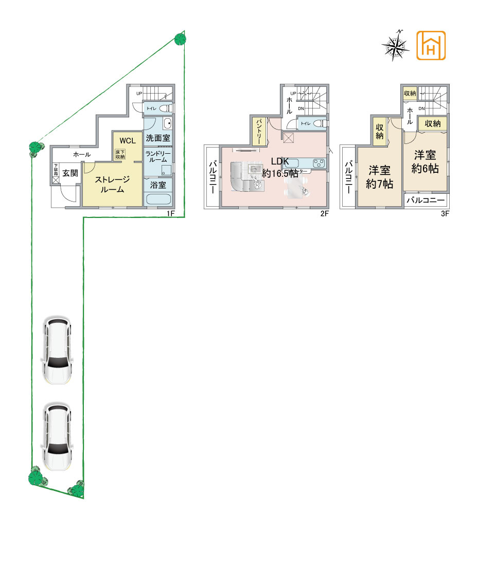 リーブルガーデン瓜破５丁目新築一戸建て│2SLDK＋駐車2台可の間取り|※現況と図面が異なる場合現況を優先いたします。