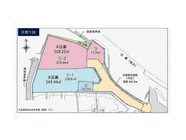 【土地図】 | 野津田町売地 | 図面の数字は各辺の長さ（m）、太線は道路に接する部分です。間口と奥行き、接道方向から建物の配置や駐車計画の目安がつかめます。高低差は現地でご案内します。※図面と現況が異なる場合は現況優先。