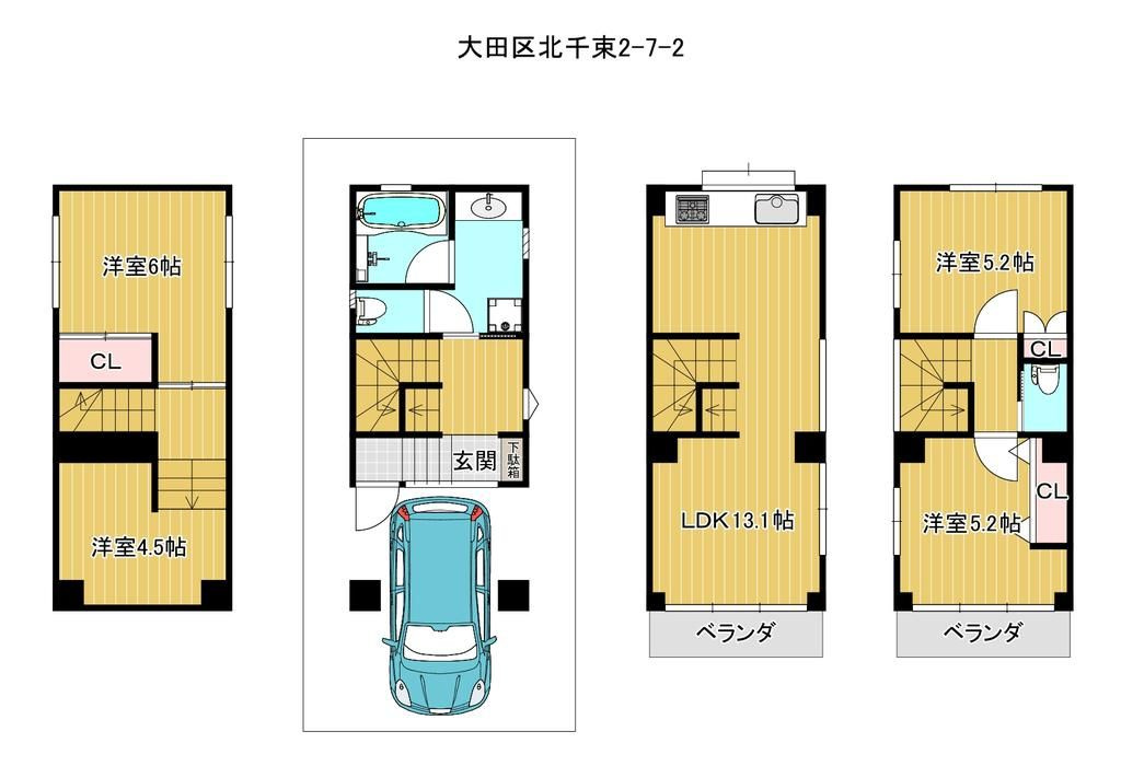 大田区北千束2丁目の間取り|地下1階付き地上3階建、建物面積96.36㎡の4LDK。約13.1帖のLDKに加え、4つの洋室を確保。プライベート空間も大切にできる間取りです。