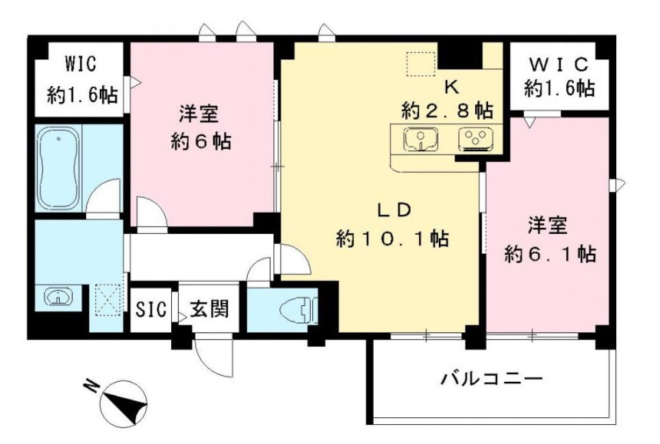 Lilas Vesta(リラ　ヴェスタ)の間取り|南西向き角部屋の2LDK
洋室各6帖以上！ウォークインクローゼット付がポイント！