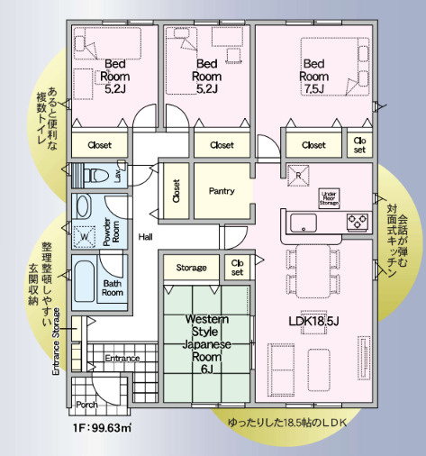 【間取り】 | 前橋市青柳町　平屋　新築住宅 | 18.5帖の広々としたLDKに、隣接する6帖の和洋室や大容量パントリーを配置。玄関収納や各所の豊富な収納、家族みんなが快適に暮らせる機能的な平屋建て4LDKです。
