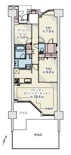ルネ・上野桜木の間取り|ルネ・上野桜木：南東向き専用庭・テラス付き！全居室収納が付いた２ＳＬＤＫ床暖房付きリノベーション物件は居室としても使えるサービスルーム付き！