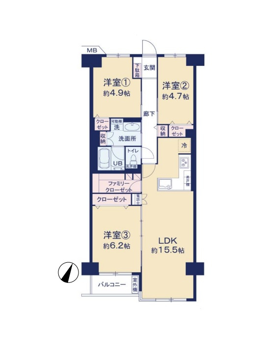 ハイツ越谷　303号室の間取り|主寝室と子ども部屋をしっかり分けられる3LDK。プライベートな時間も大切にできるバランスの良い間取りです。