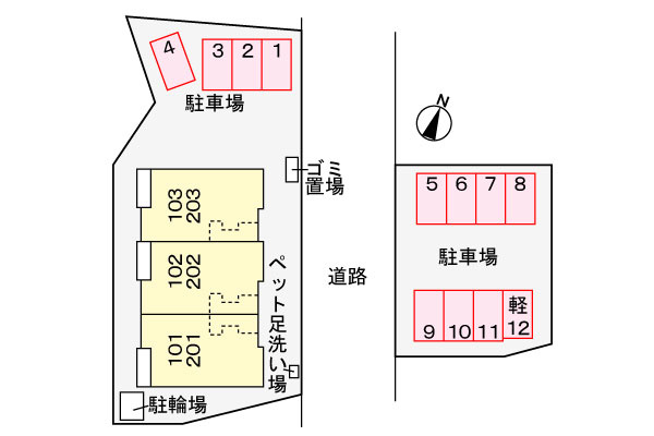 プチ ヴィラージュの駐車場|敷地配置図