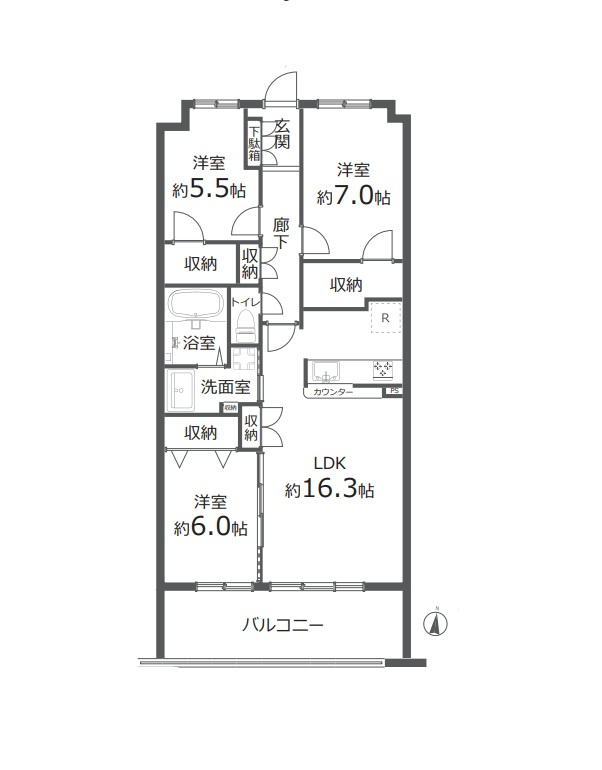 ガーデン・シンフォニー新越谷　371号室の間取り|無駄のないシンプルな部屋構成が魅力の3LDK。将来のライフスタイルの変化にも柔軟に対応可能です。