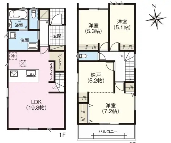 港区本宮町2丁目新築一戸建の間取り|【間取図】3LDK（納戸付き）＋パントリー。1階は3棟で最も広いLDK19.8帖にリビング階段・スタディスペース・パントリー付き、2階は洋室3室＋納戸5.2帖。並列2台駐車可能です。