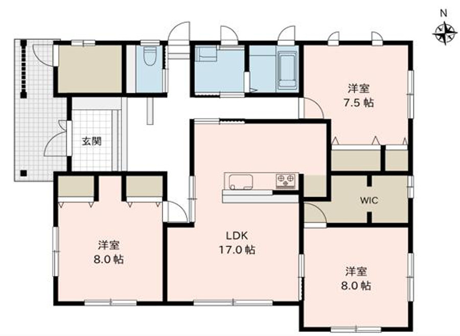 安曇野市豊科高家　中古戸建ての間取り|南側に3室を設けた平屋。陽当たりが良くワンフロアで暮らせます。