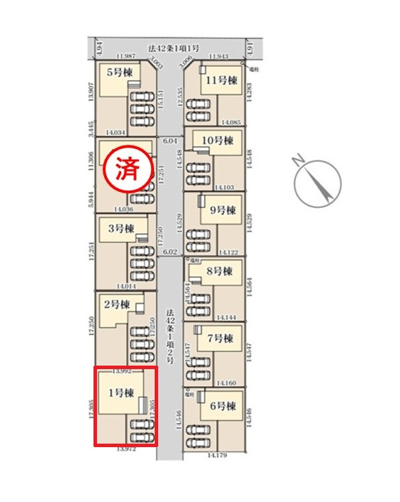 リーブルガーデン  笠間市旭町　第13　1の区画図|前面道路幅6メートル、3台駐車可能です。