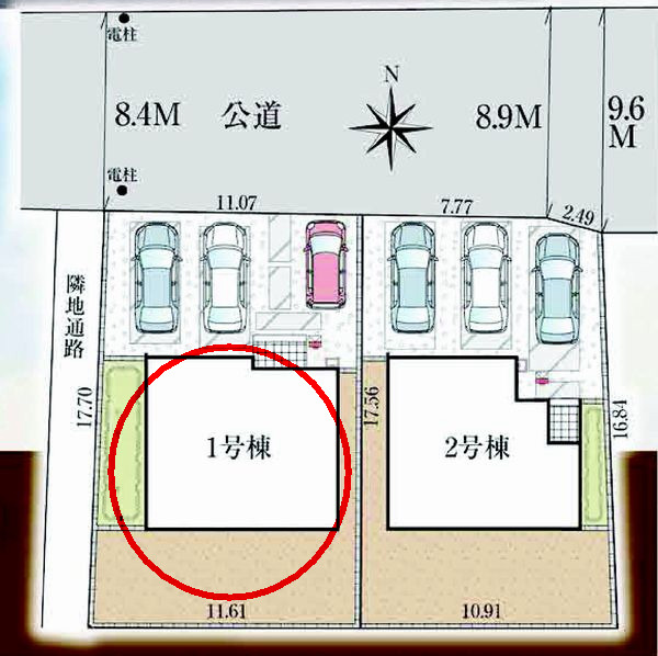 グラファーレ 前橋市前箱田町　１号棟の区画図|駐車場並列３台以上ご用意しています！前面道路も8mあるので車の出し入れもしやすいです。
来客時も重宝します。並列駐車で出し入れもしやすいですよ♪