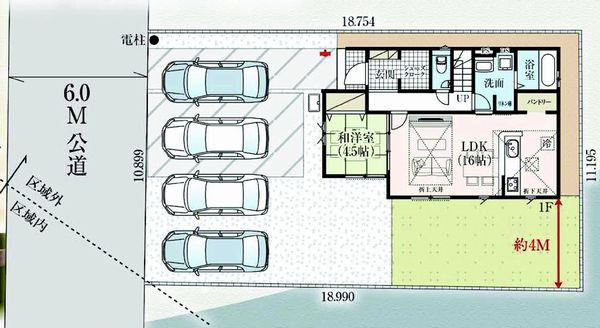 グラファーレ前橋市南町５期　1号棟の区画図|駐車場４台ご用意しています！前面道路広々６m！
並列駐車なので、車の出し入れもしやすいですよ！