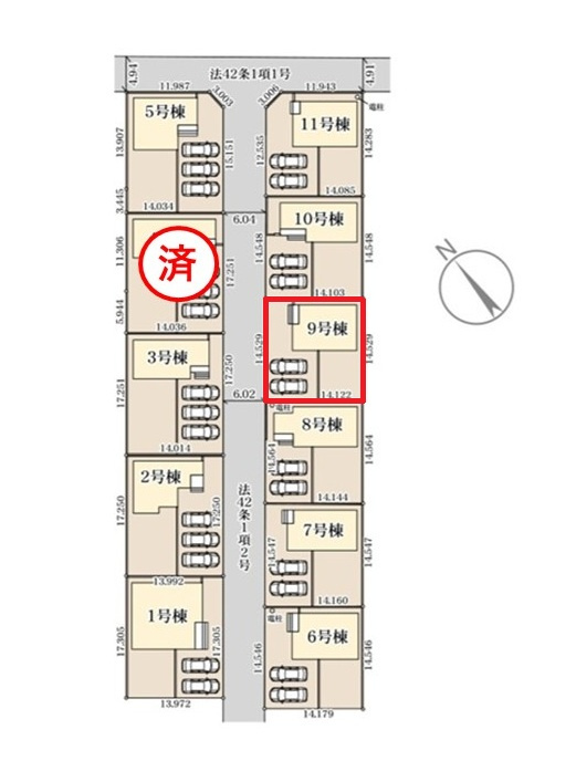 リーブルガーデン  笠間市旭町　第13　9の区画図|前面道路幅6メートル、3台駐車可能です。