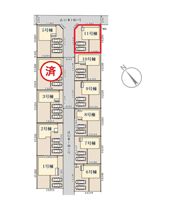リーブルガーデン  笠間市旭町　第13　11の区画図|前面道路幅6メートル、3台駐車可能です。