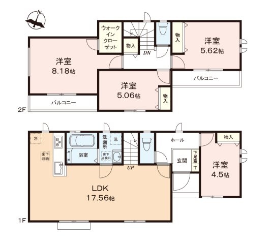 富士見市水谷東１丁目の新築一戸建の間取り|部屋数豊富な4LDK！ワークスペースや子供部屋などにも◎！
LDKは17.58帖のゆとりの広さ。