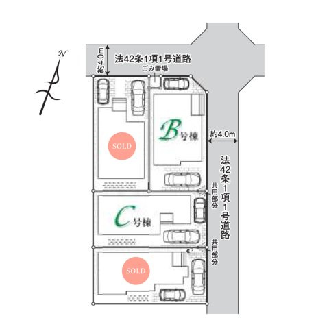 富士見市水谷東１丁目の新築一戸建の区画図|全棟駐車スペースは2台分あり、セカンドカー利用も可能です。