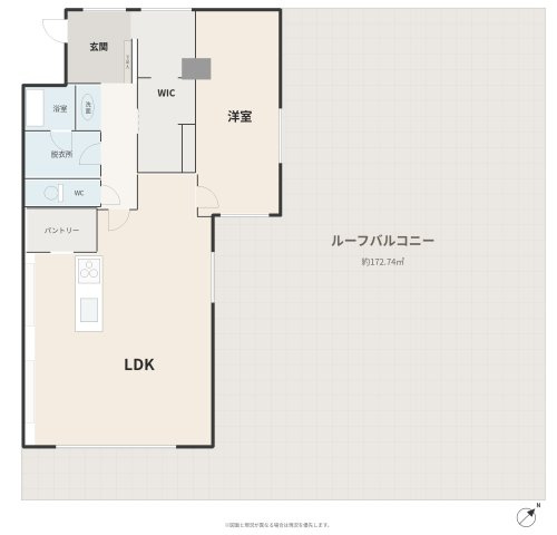 ライオンズマンション藤ヶ丘ガーデンの間取り|1LDK＋WIC＋パントリー。約172㎡のルーフバルコニー付き