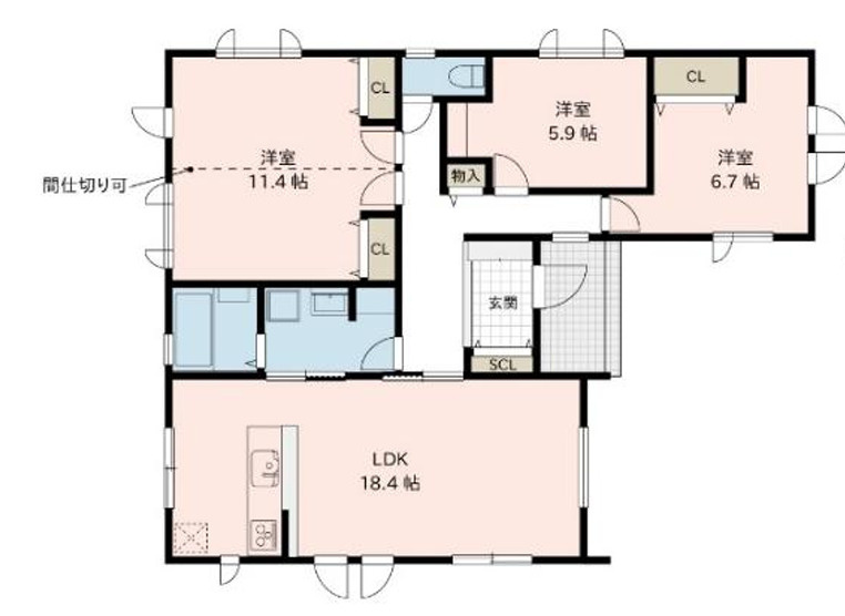 安曇野市豊科高家　新築戸建の間取り|南向きの陽当たり良好な3LDKファミリータイプ。