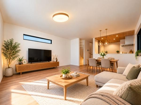 横浜市西区霞ケ丘の新築一戸建の居間・リビング|自慢したくなるリビング！
形も良く家具の配置にも困りません。
※家具等はCGでの参考レイアウトです。