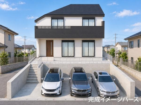 横浜市旭区白根２丁目の新築一戸建の完成予想図|外観のイメージパースです。
お洒落な外観で完成が楽しみです。
※背景はCGでのイメージになり、実際とは異なります。