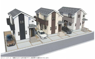 【外観パース】 | 【仲介手数料無料！！】日野市南平3丁目　新築戸建て（全3棟）A号棟　5150万円 | 本パースは、イメージ図につき、風景、建物、植栽などについては施工後の現物との差異が生じます
つきまして本パースによって生じたいかなる損害については一切責任を負いません