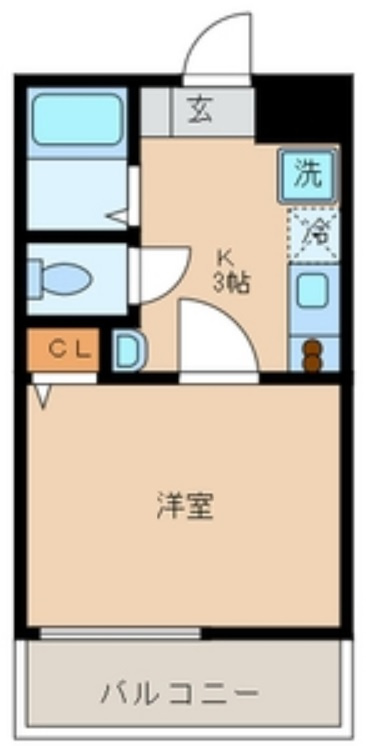 サンセール　クールの間取り|東向きバルコニーの1K洋室5.7帖とバストイレ別廊下部分に独立洗面台！
少しコンパクトですが角の柱のでっぱりがなく使いやすい間取り！