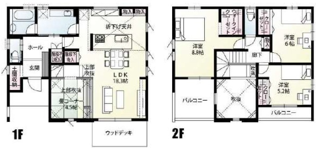 【間取り】 | 富士見市上南畑　新築一戸建住宅　全15棟　（ふじみ野店） | LDK18.3帖の広々とした空間となっております。食洗機や、浴室乾燥機など快適機能を装備しています。開放的な吹き抜けにより通風良好な物件となります。