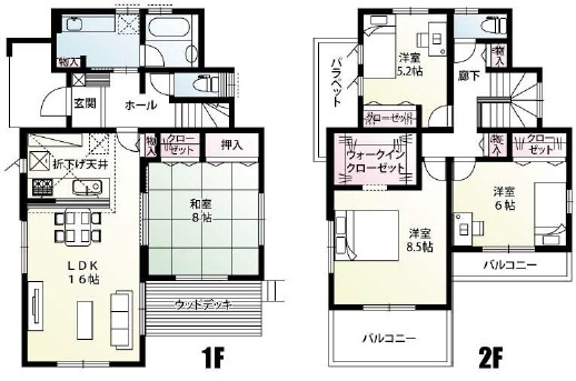 【間取り】 | 富士見市上南畑　新築一戸建住宅　全15棟　（ふじみ野店） | LDK16帖の広々とした空間となっております。食洗機や、浴室乾燥機など快適機能を装備しています。1階LDK横にはのびのびくつろげる8帖の和室が特徴的です。